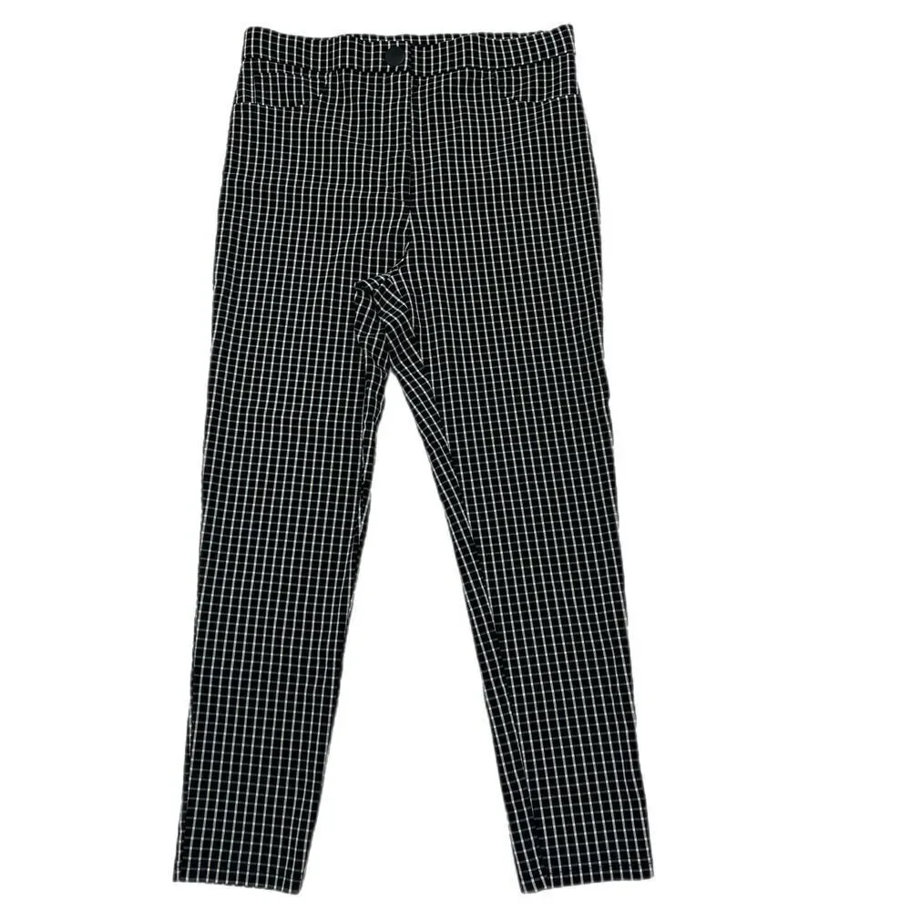 Zara Pants Women XL Plaid Check Black White Slim Leg High Rise Trouser Stretch